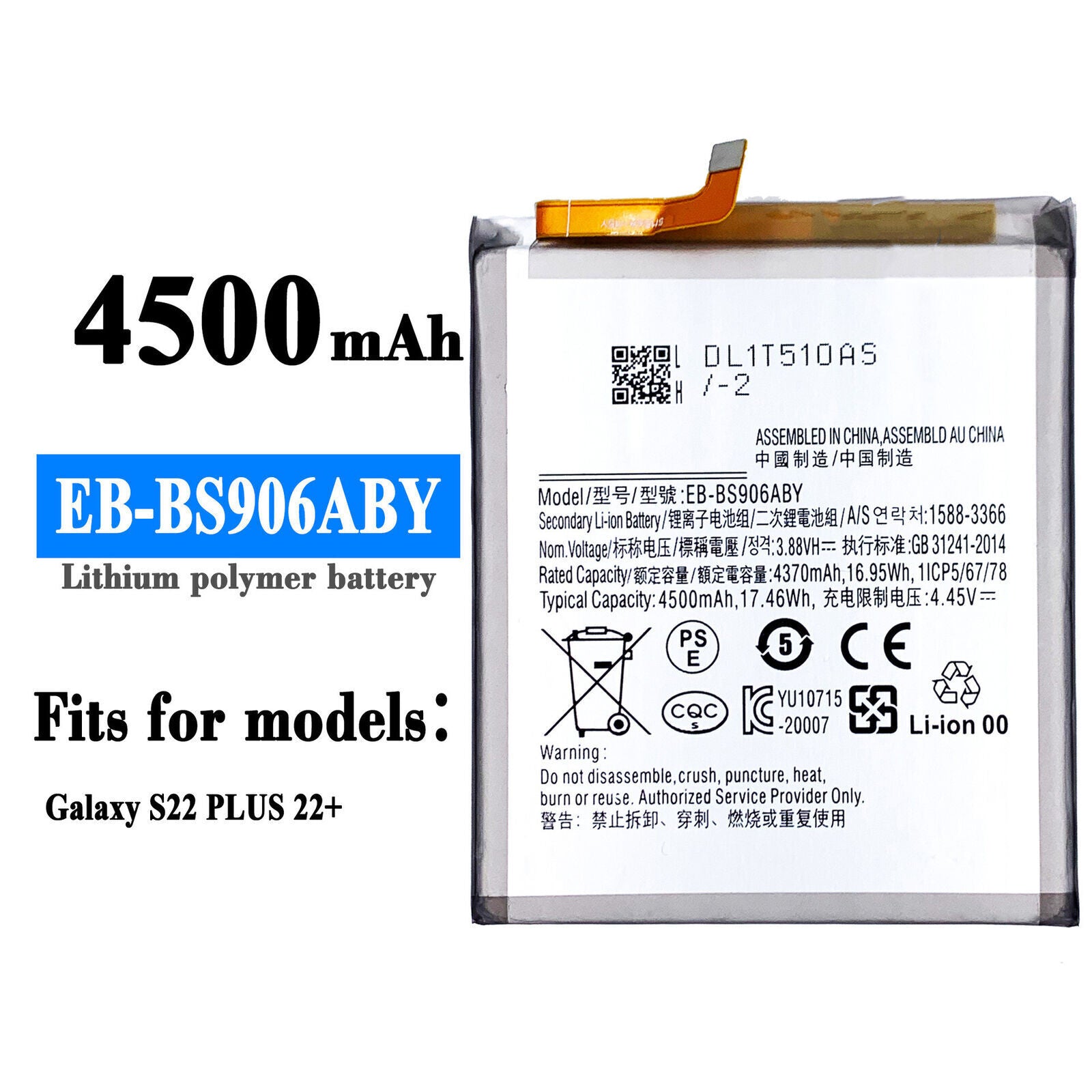 Replacement Battery for Samsung Galaxy S22+ Plus (SM-S906), EB-BS906ABY Replacement Battery for Samsung Galaxy S22+ Plus (SM-S906), EB-BS906ABY